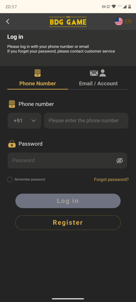 BDG Game login Page Screenshot