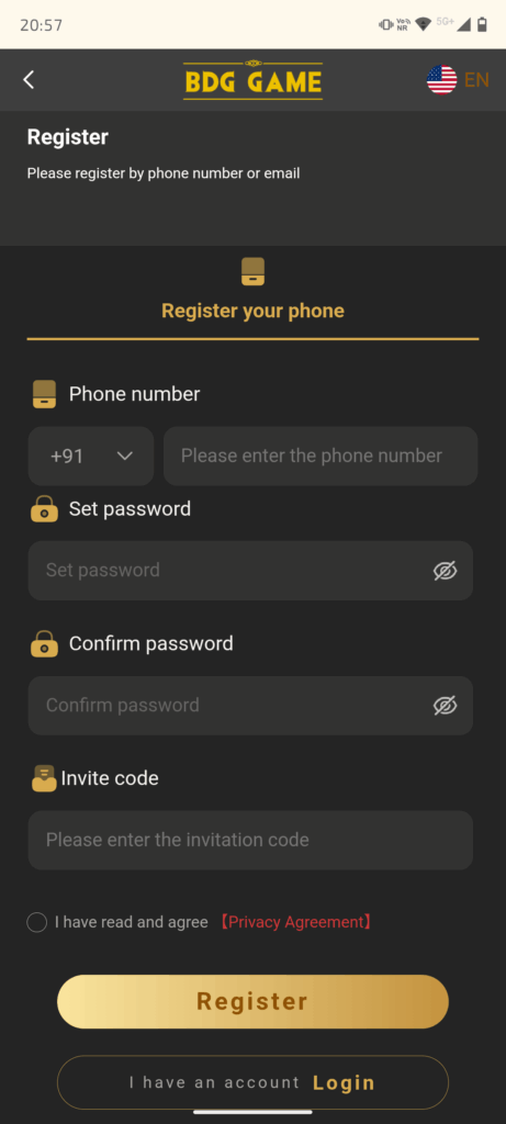 BDG Game Registration Page Screenshot